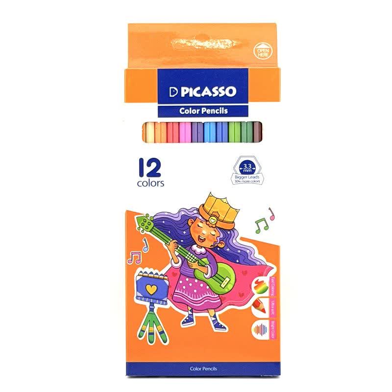 مدادرنگی 12 رنگ پیکاسو با تصویر دختر و گیتار مدادرنگی 12 رنگ پیکاسو جعبه مقوایی با تصویر دختر و گیتار